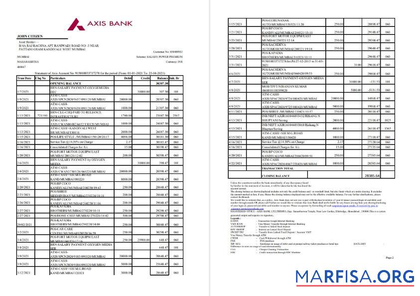 Realistic India Axis 2 pages bank statement excel real example